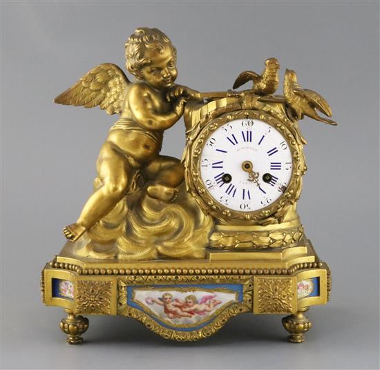 Scheerer of Paris. A late 19th century French ormolu and Sevres style porcelain mantel clock, width 9.75in. depth 5in. height 10.25in.